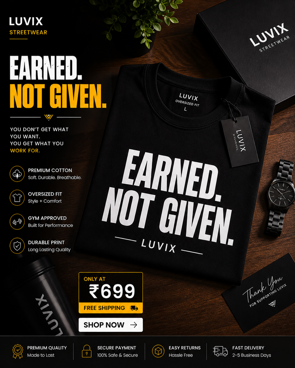 Earned Not Given Graphic Oversized T-Shirt – Premium Cotton Gym Wear
