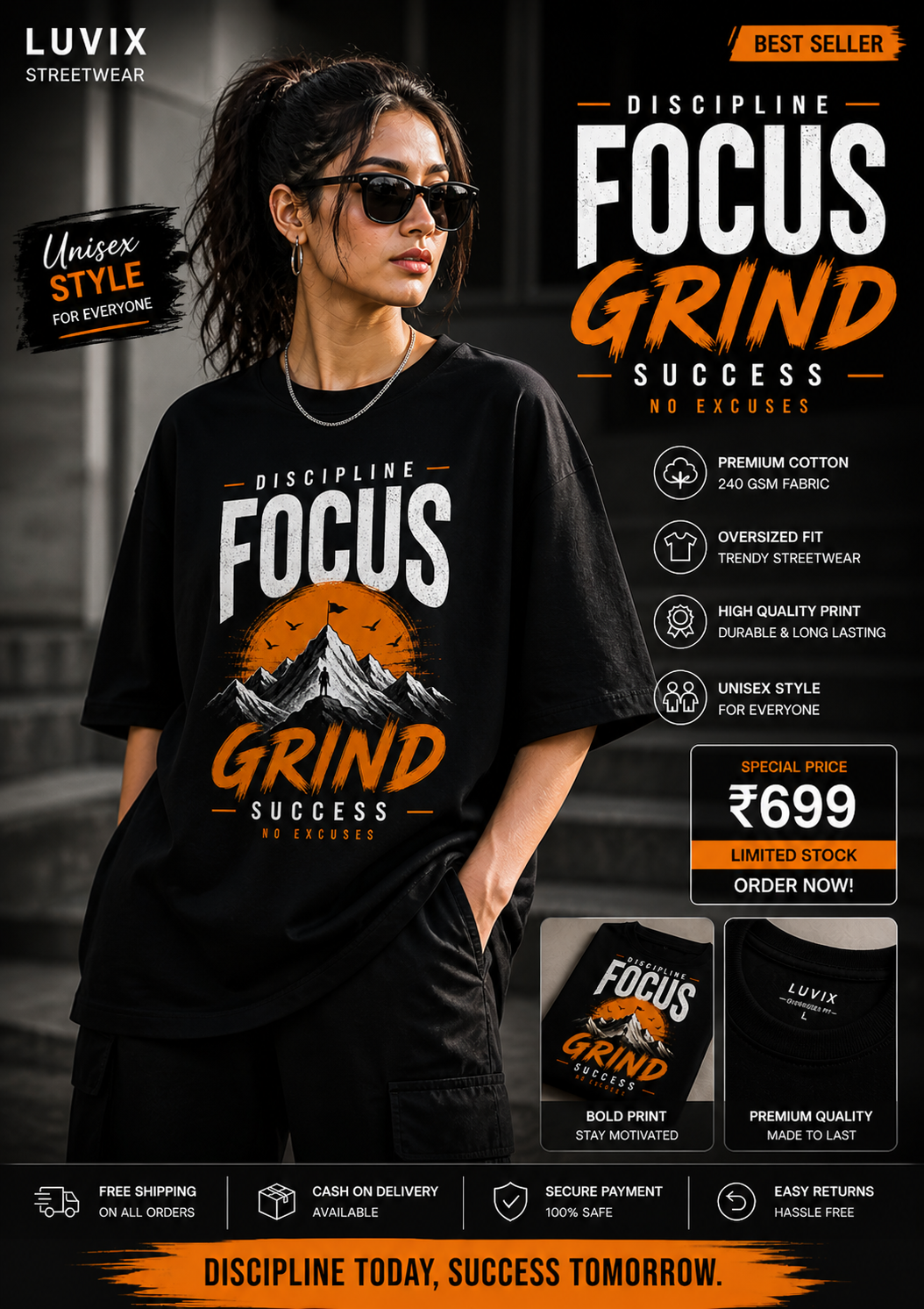 Focus Grind Oversized T-Shirt – Premium Quality Gym & Streetwear Tee