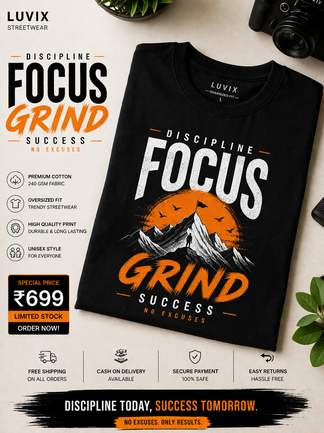 Focus Grind Oversized T-Shirt – Premium Quality Gym & Streetwear Tee